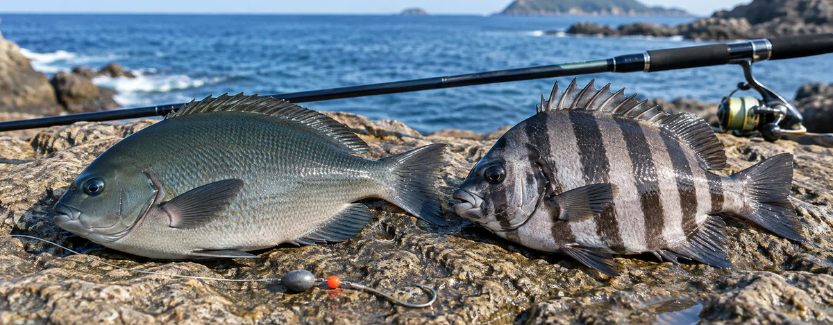 磯に並ぶ姿の異なる2匹の魚と釣り竿