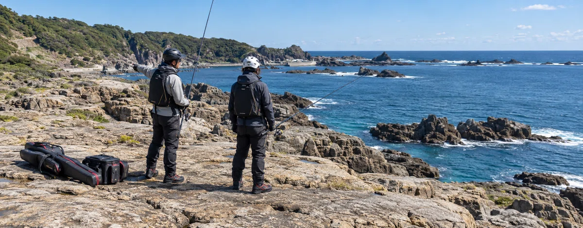 磯の安全な立ち位置と帰り道を確認する釣り人