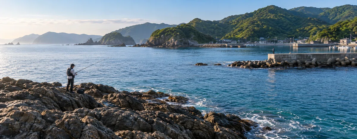 磯場から港の堤防までつながる海辺の釣り場
