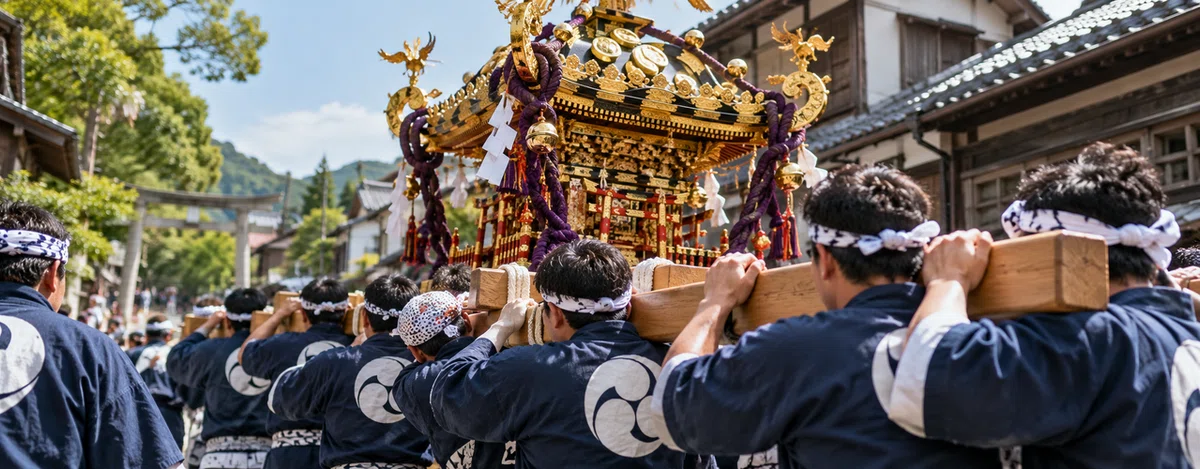 法被姿の担ぎ手たちが神輿を担ぎ、街を進む様子