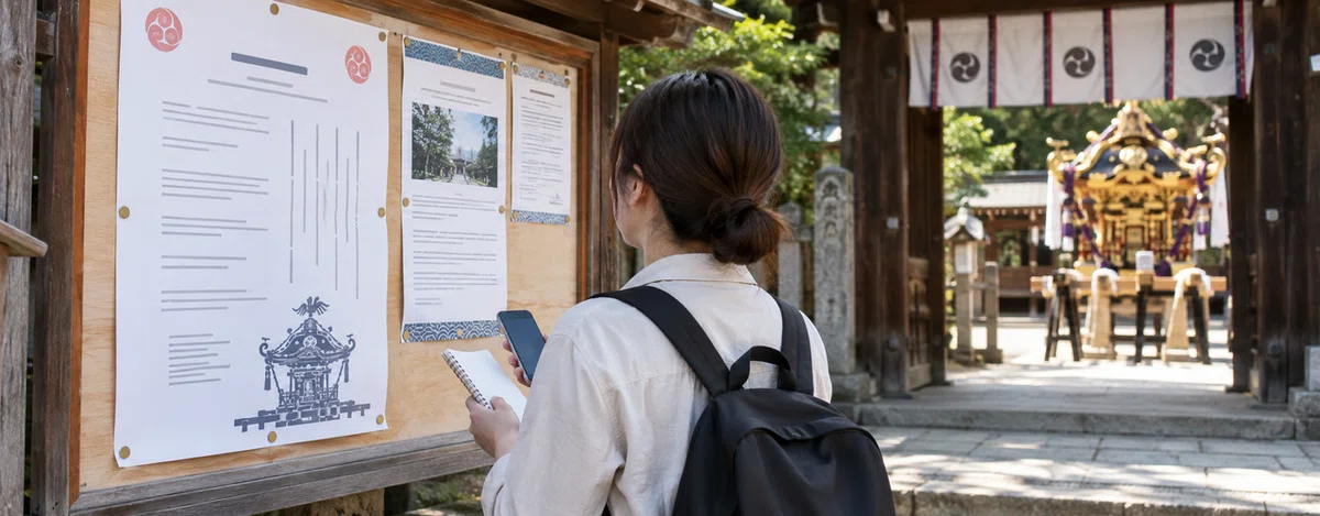 神輿の担ぎ手募集を知らせる地域の掲示を確認する人