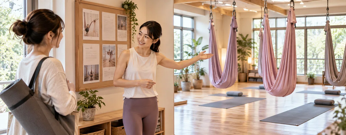 指導者が参加者にスタジオの吊り布とクラスを案内する様子