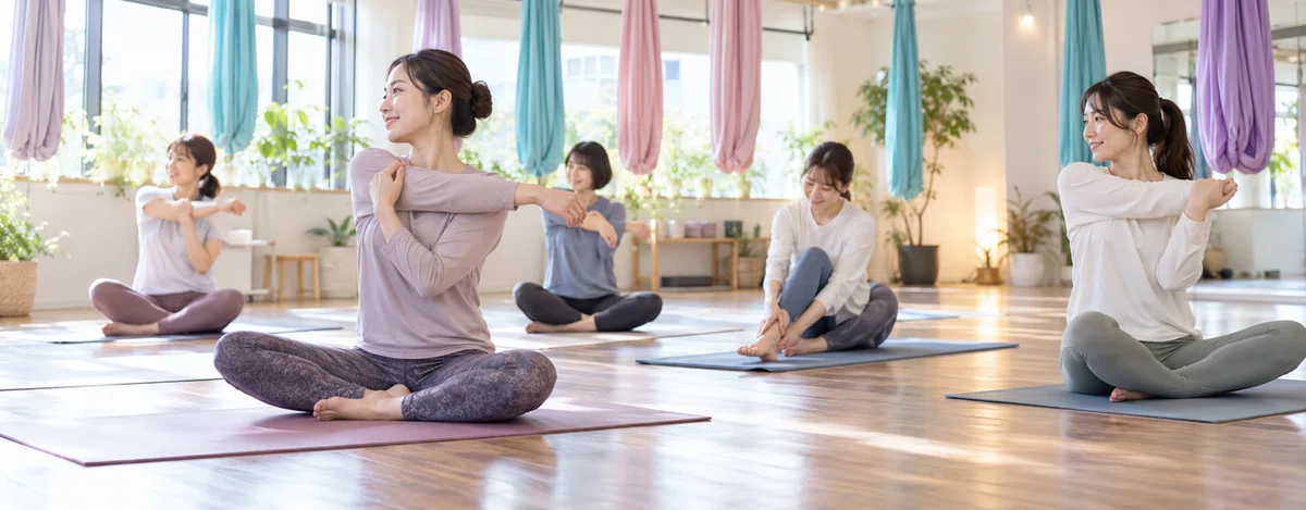 吊り布の下でマットに座り、肩や脚を動かして準備運動をする人たち