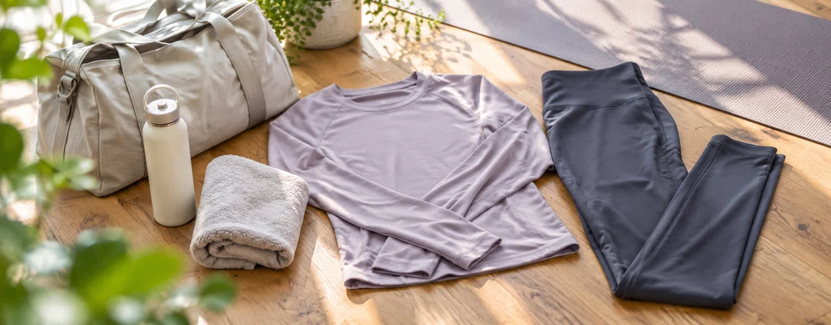 エアリアルヨガの持ち物である長袖の服、パンツ、タオル、水筒、バッグ