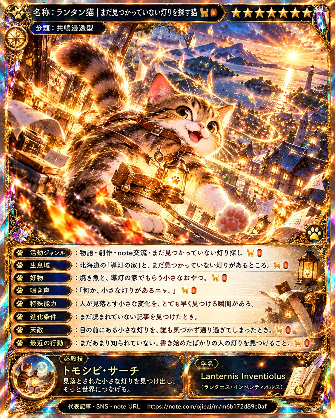 金色とプリズムの光に包まれた豪華なクリエイター図鑑カード。肉球マーク入りの真鍮ランタンを首から下げたランタン猫が、紙の舞う北海道の町を勢いよく駆け出している。まだ知られていない書き手の灯りを探し、次へつなごうとする姿が描かれている。