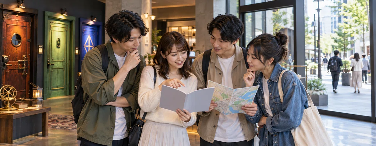 屋内会場の入口で街の地図と冊子を見比べる参加者たち