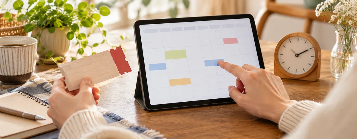 チケットを手に、タブレットの予定表を確認する手元