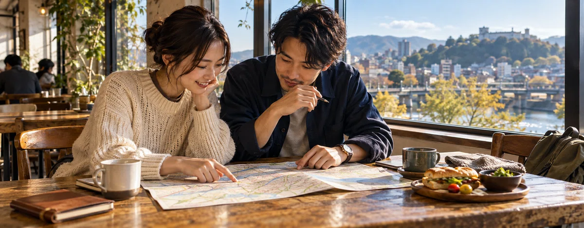 カフェで地図を広げ、休憩を含む外出の時間を相談する2人