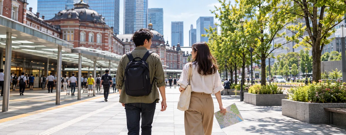 駅から謎解き会場へ歩いて向かう2人