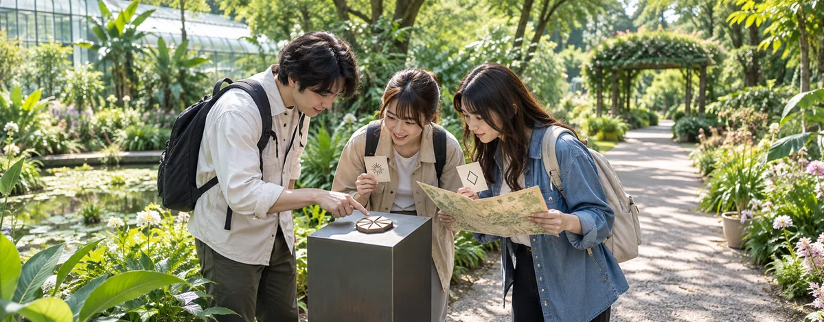 緑の園路で地図と図形カードを手に手掛かりを集める3人