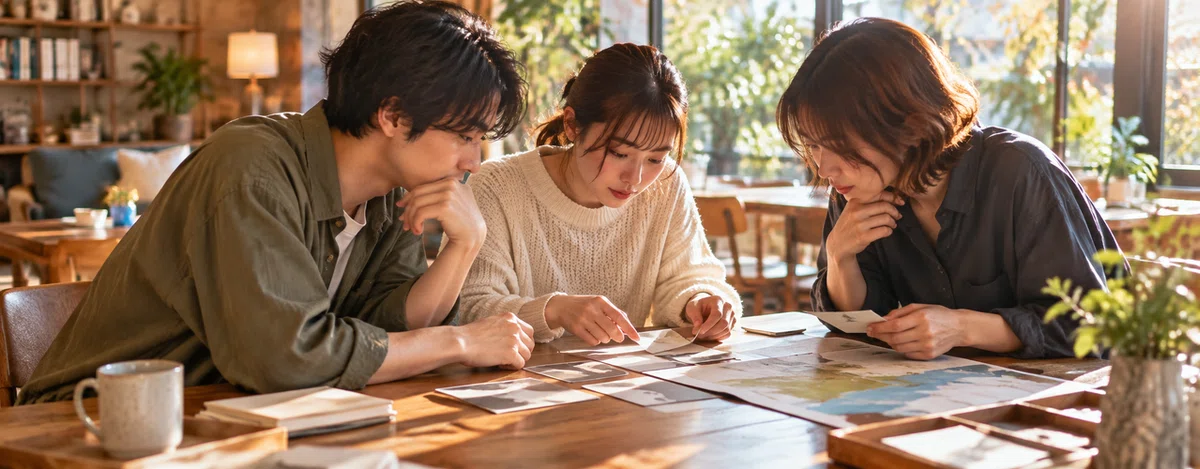 集めた手掛かりを机に並べ、後半の問題を考える3人