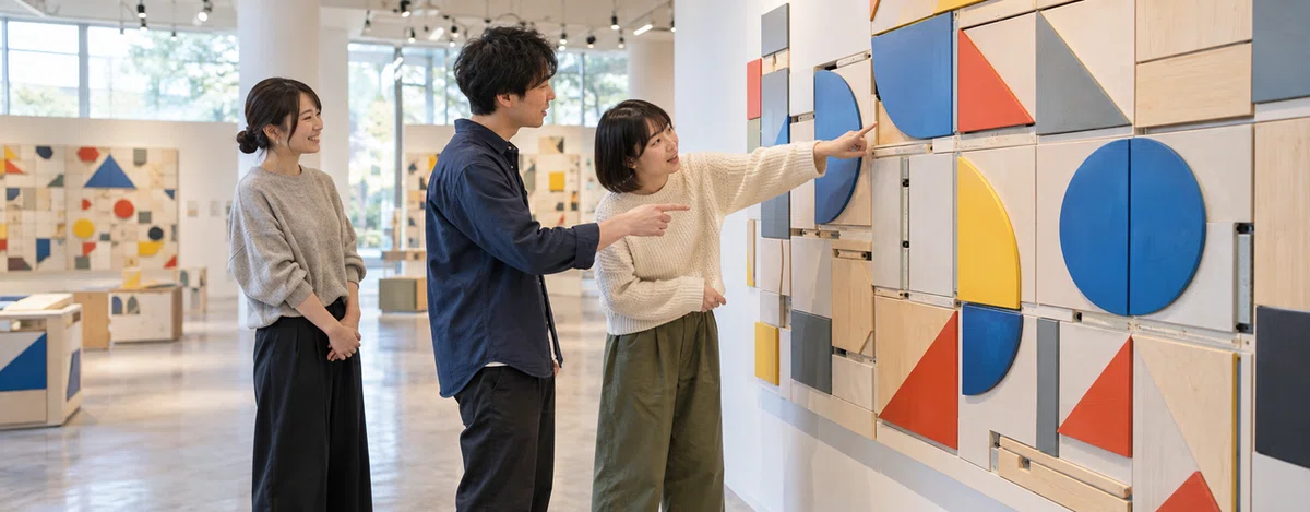 壁面パズルを前に、一人が見守りながら仲間の考えを待つ3人