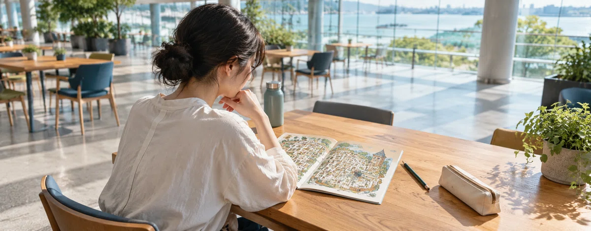 窓辺のカフェで地図と冊子を一人でじっくり読む参加者