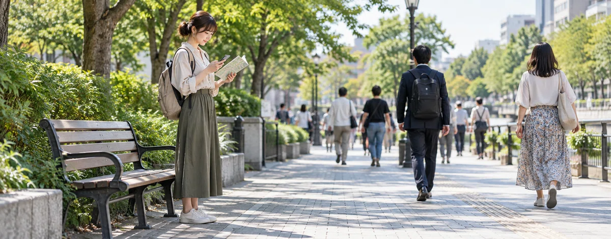 木陰で立ち止まり、通行を妨げずに冊子を確かめる参加者