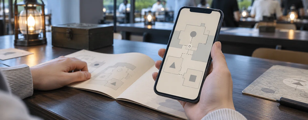机上のスマートフォンで地図を確認する手元