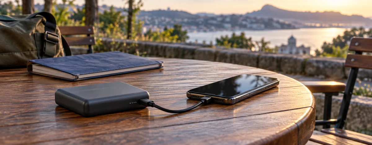 屋外のテーブルに置いたスマートフォンとモバイルバッテリー