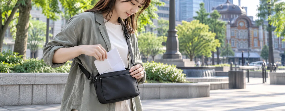 必要な道具を小型の斜め掛けバッグへしまう参加者