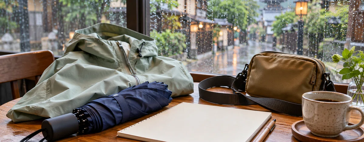 雨の街を望む窓辺に、折りたたみ傘と雨具を用意した机