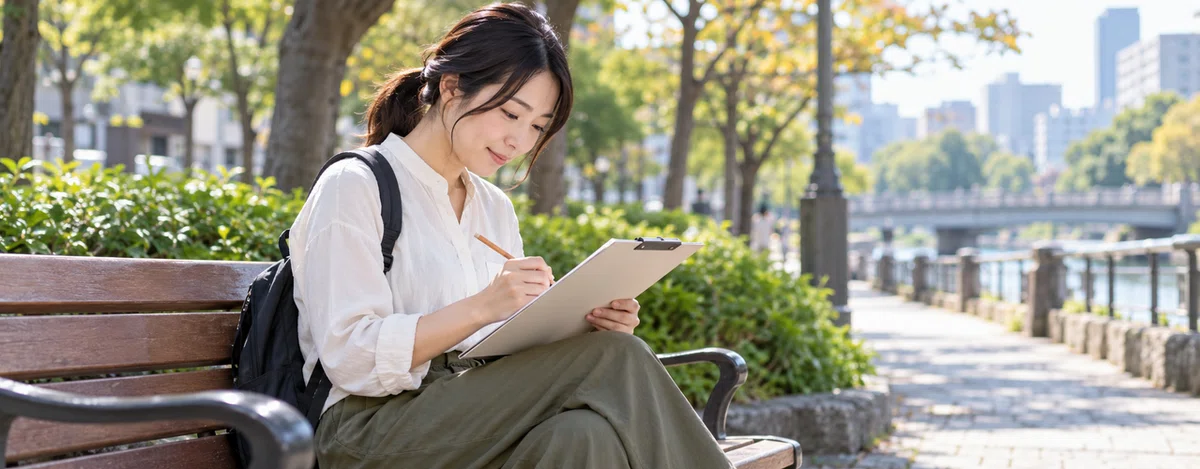 公園のベンチでクリップボードに冊子を載せて書く参加者