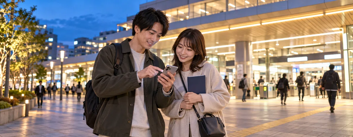 夜の駅前で帰りの経路をスマートフォンで確かめる2人