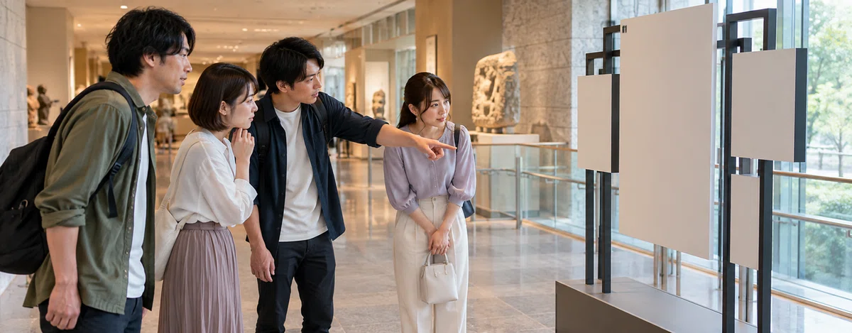 会場の固定された展示を手で動かさずに観察する参加者たち