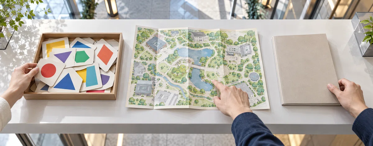 会場ロビーの展示台で図形カード・地図・冊子を見比べる手元