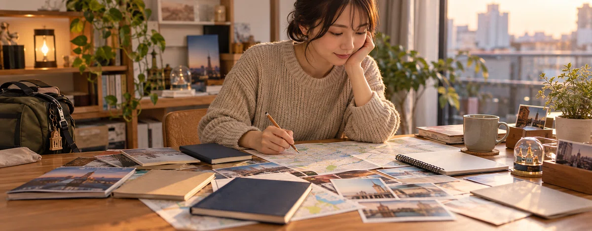 過去の冊子や地図を並べ、自分の次の謎解きを考える人