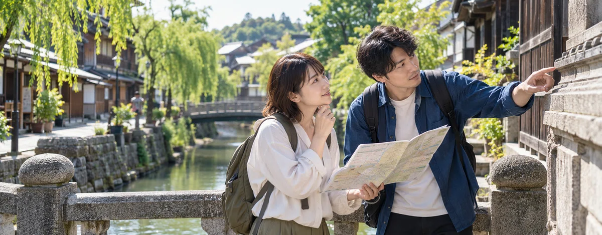 川と町並みの細部に目を向け、地図を開く2人