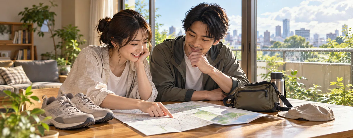 週末の外出に向け、地図と歩きやすい靴を見ながら相談する2人