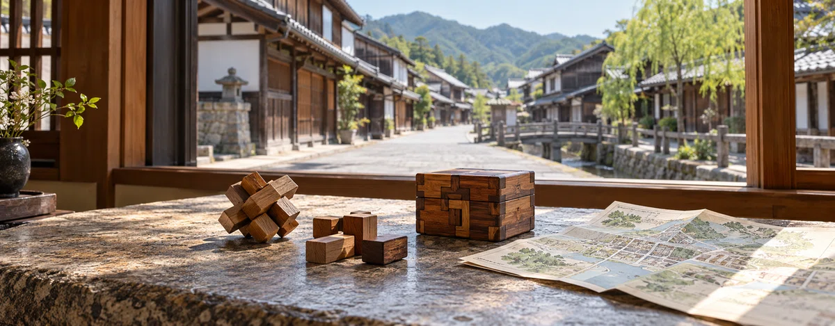 木製のパズルと謎箱、町歩きの地図を並べた古い町の窓辺