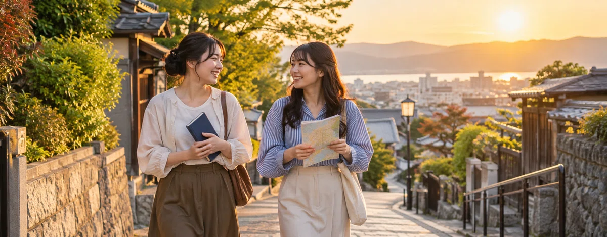 夕暮れの町を、解き終えた冊子と地図を手に歩く2人