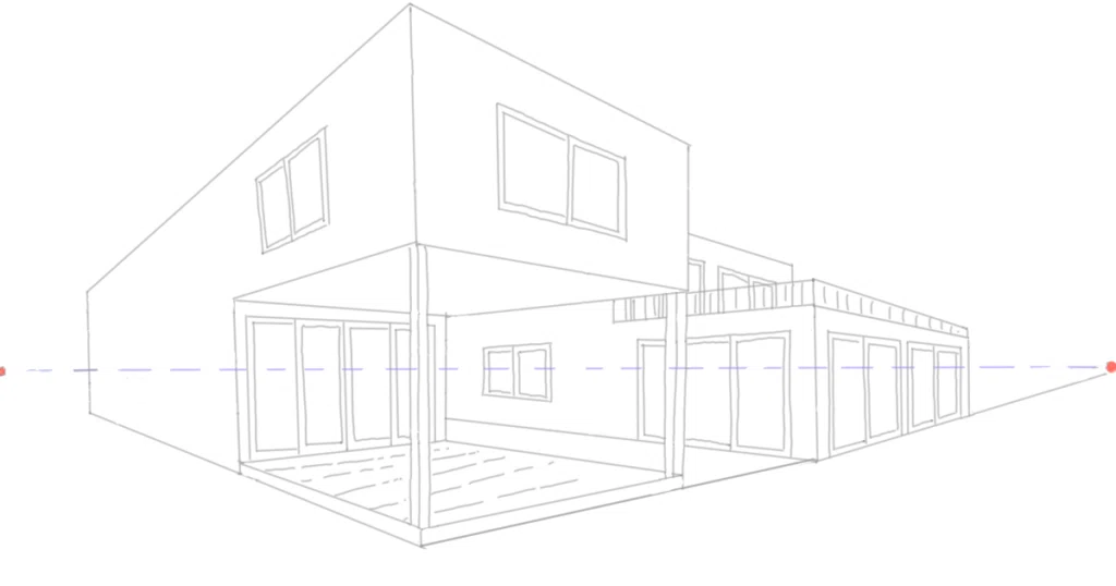 手書きの2点透視の建築パース線画