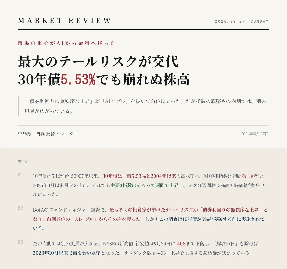 The Biggest Tail Risk Shifts from AI Bubble to Interest Rates—Stock Prices Remain Resilient Even at 5.53% for 30-Year Bonds, While -408 Lurks Beneath | September 27, 2026 …