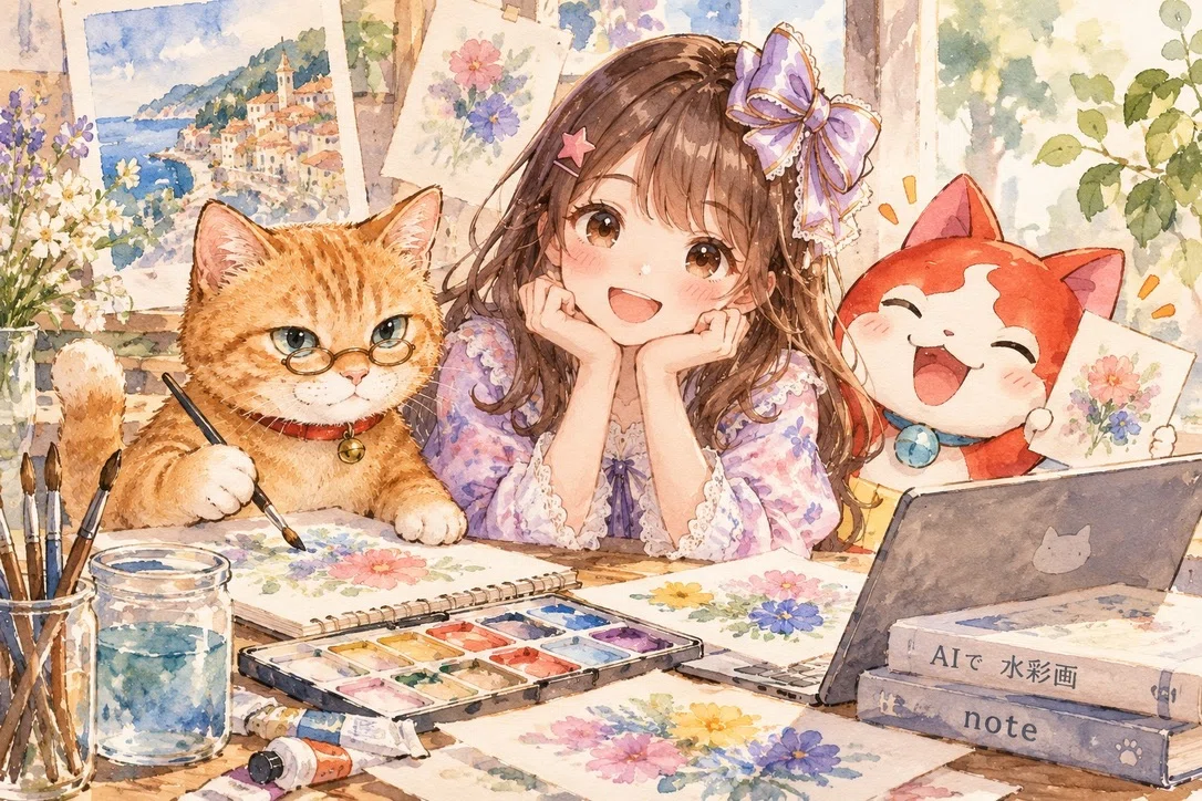 イラスト　オリジナル画　水彩画　自作画　真作 齢六〇 AI美人画に沼る④ 今回は水彩画です 当然オール新作 さらに