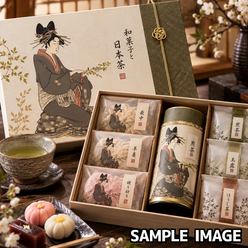 日本茶・和菓子店の和モダンデザイン｜浮世絵を茶筒・パッケージ・店舗