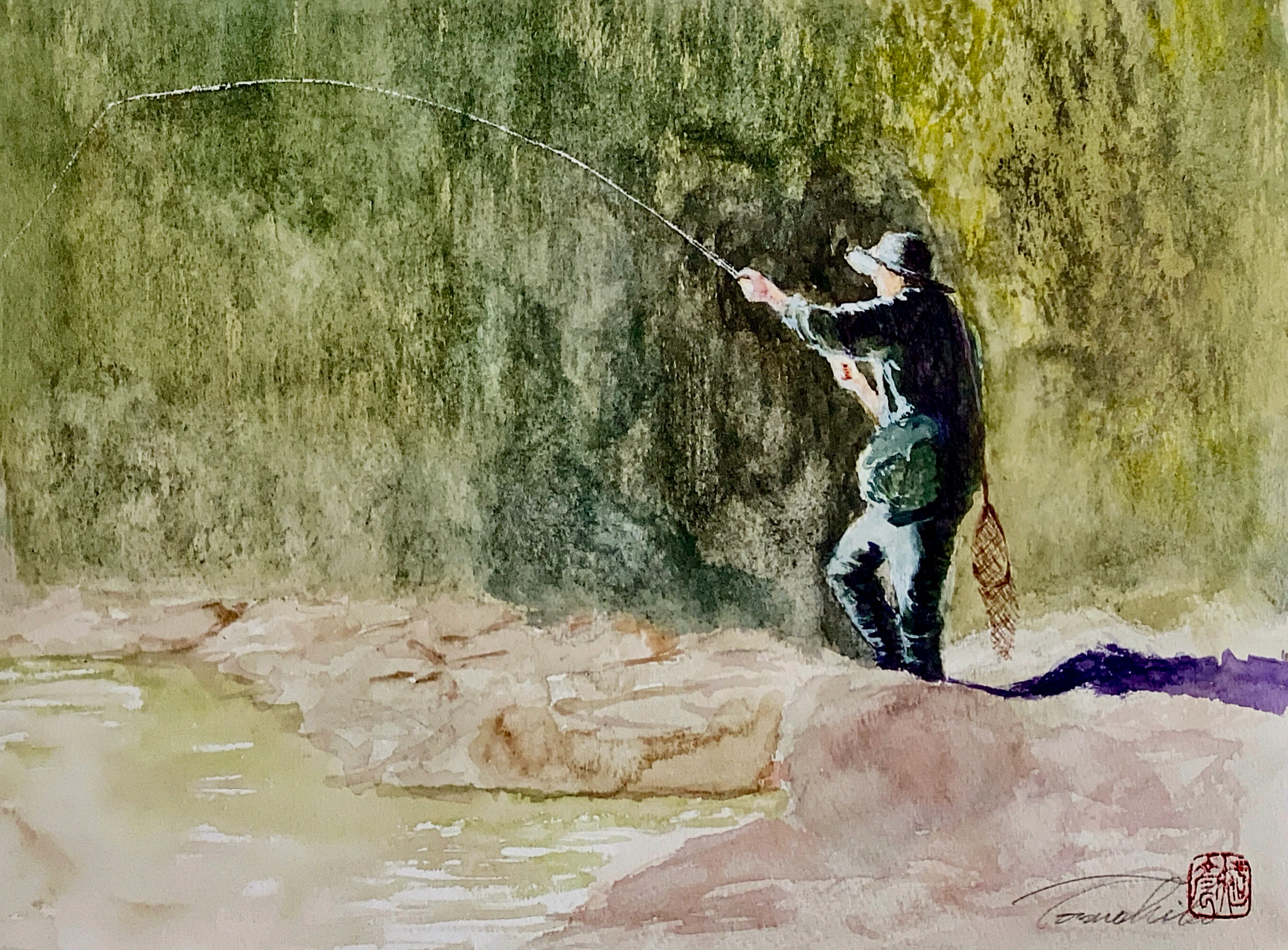水彩画185】釣り人｜tatatotoya