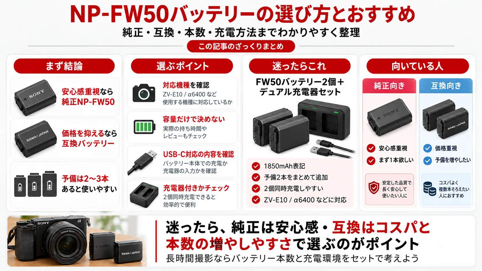 SONY】NP-FW50バッテリーおすすめ｜純正・互換の違いと選び方を徹底