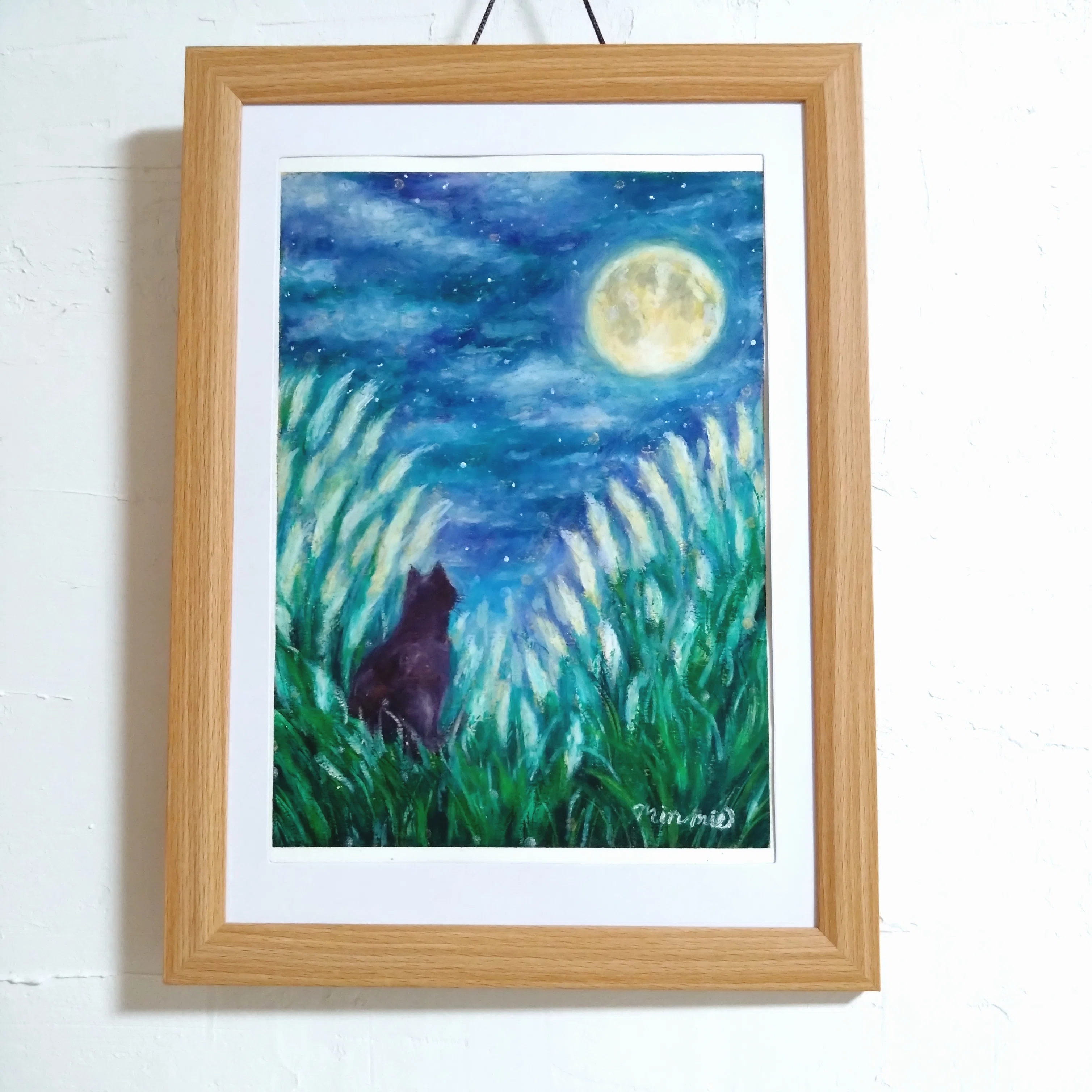 オイルパステル原画】 夜の静寂と風の音 ― ススキの野原で佇む黒猫 10