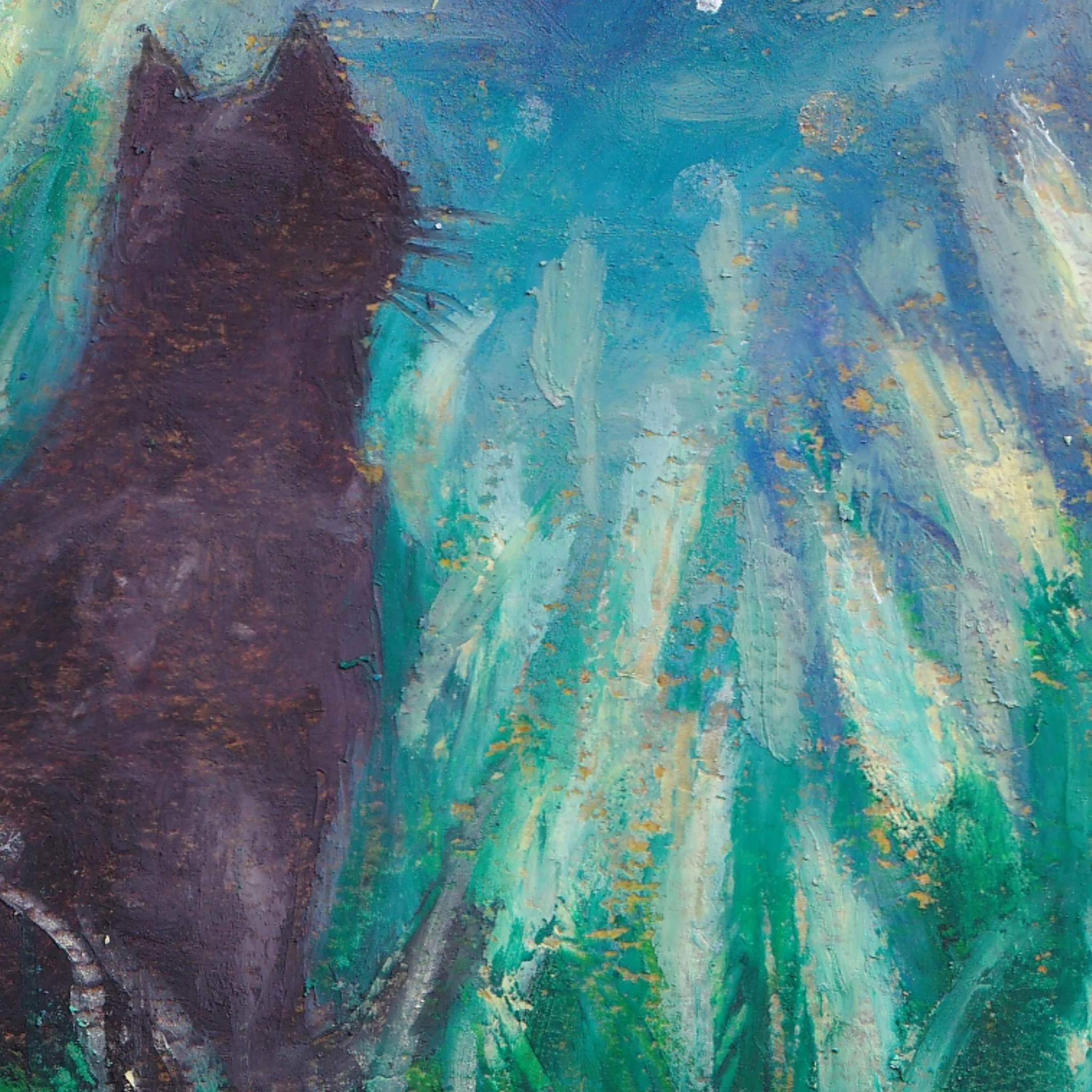 オイルパステル原画】 夜の静寂と風の音 ― ススキの野原で佇む黒猫 10