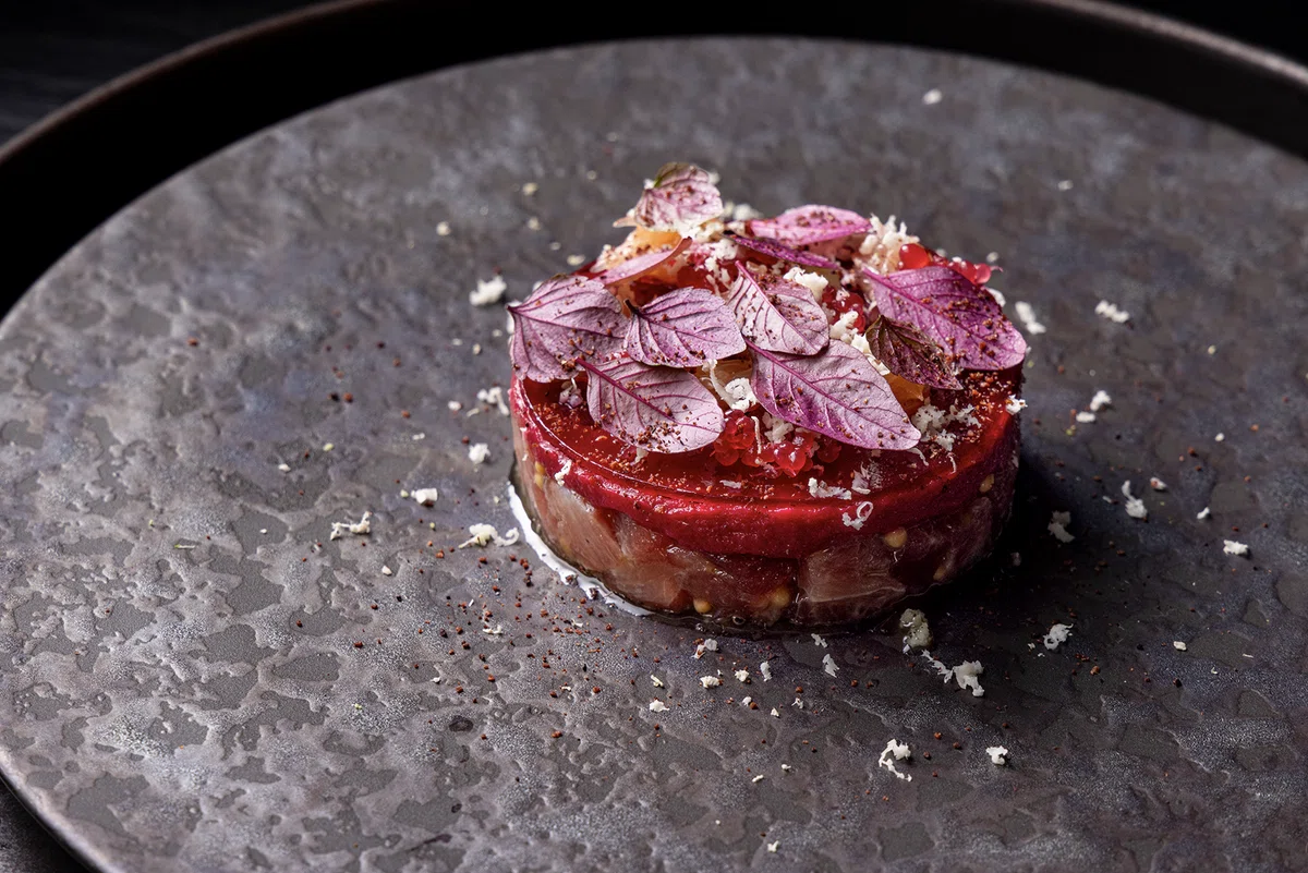 Australian Tuna Tartare with Beet Mousse, Red Shiso Sheet, and ...