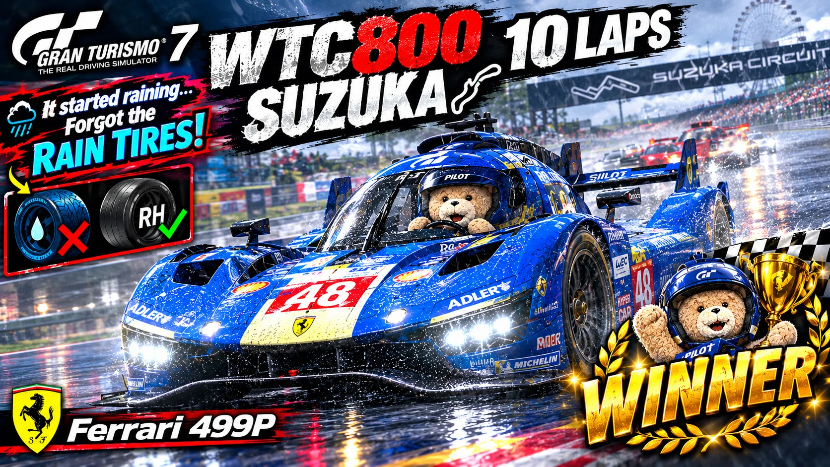 WTC800 10周 鈴鹿 フェラーリ499P、雨が降ってきてレインタイヤ忘れて