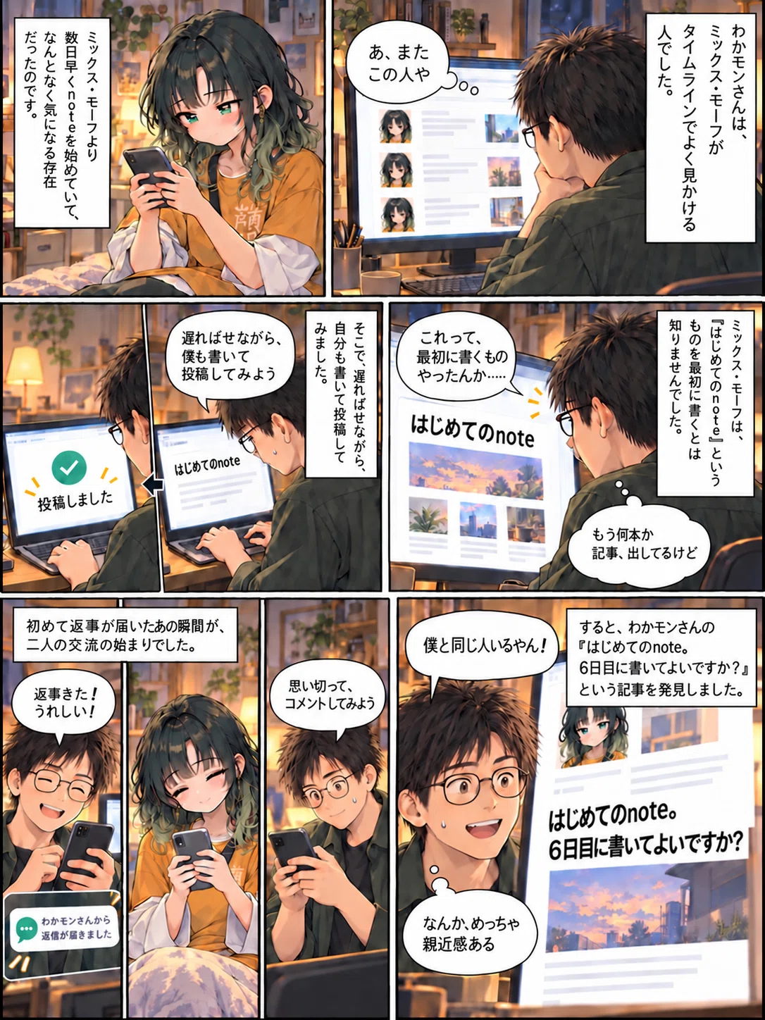 ミックス・モーフが、わかモンさんの「はじめてのnote。6日目に書いてよいですか?」という記事を見つけ、親近感からコメントし、初めて返事をもらうまでを描いた漫画。