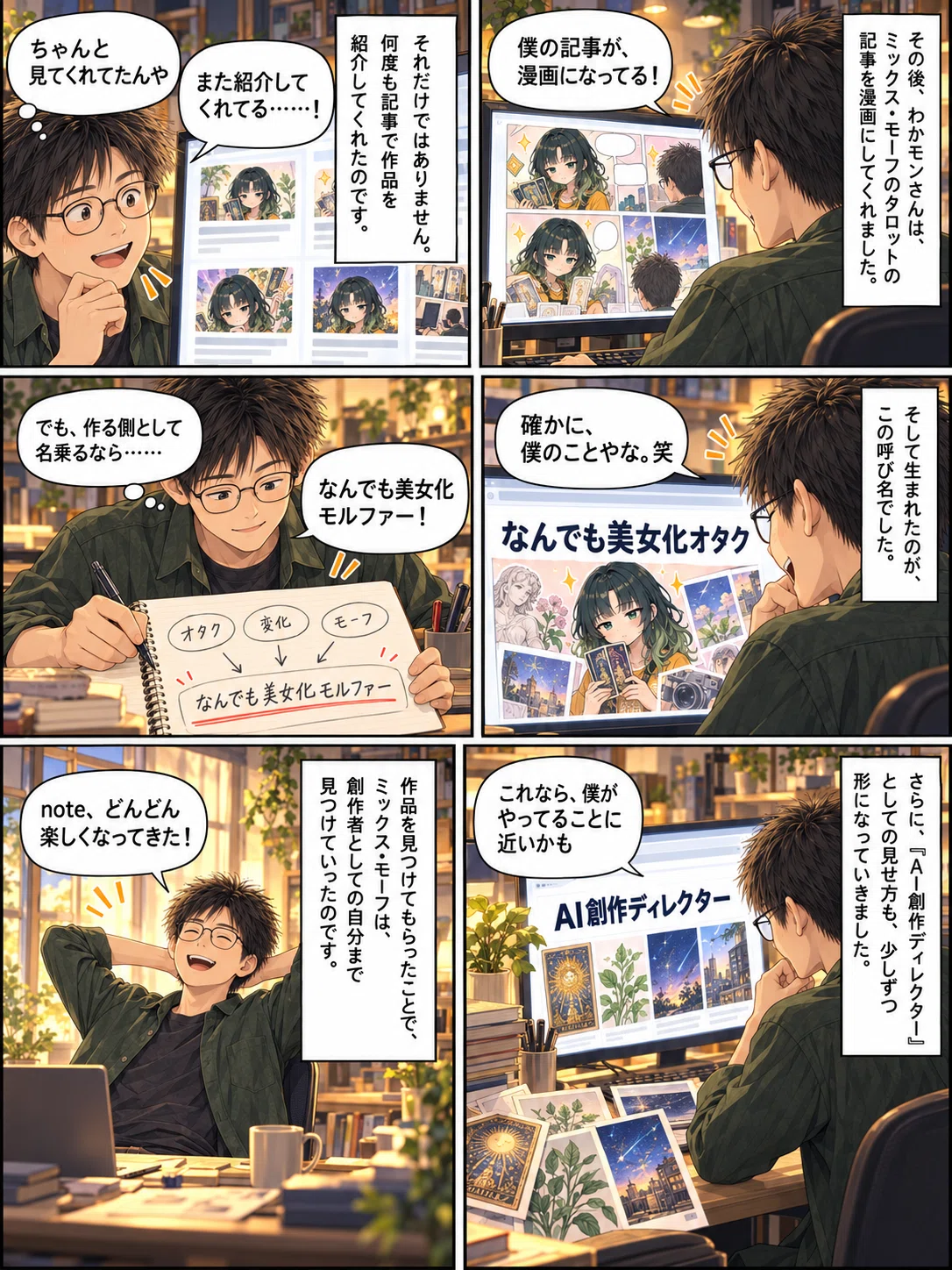 わかモンさんが記事を漫画で紹介してくれたことをきっかけに、「なんでも美女化モルファー」「AI創作ディレクター」と自分の呼び名を見つけ、noteが楽しくなっていく様子を描いた漫画。