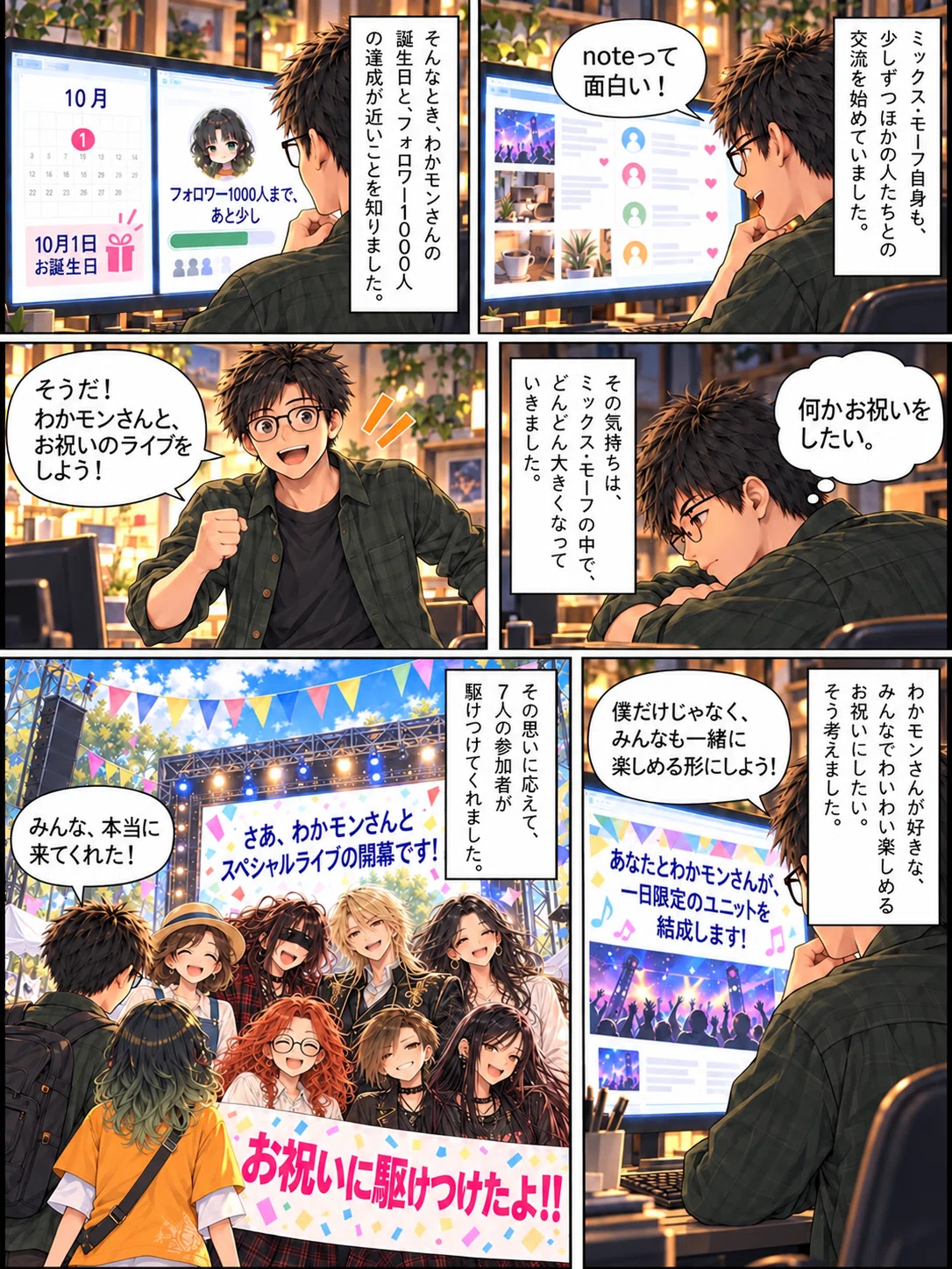 わかモンさんとの交流が広がる中、誕生日とフォロワー1000人達成が近いと知り、みんなで楽しめる一日限定ユニットのスペシャルライブ企画を始めるまでを描いた漫画。