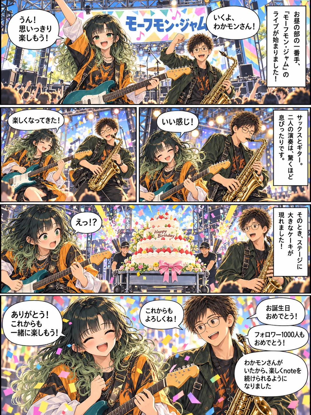 昼の部一番手「モーフモン・ジャム」のライブで二人が演奏し、大きな誕生日ケーキが登場。ミックス・モーフが誕生日とフォロワー1000人達成を祝い、感謝を伝える漫画。