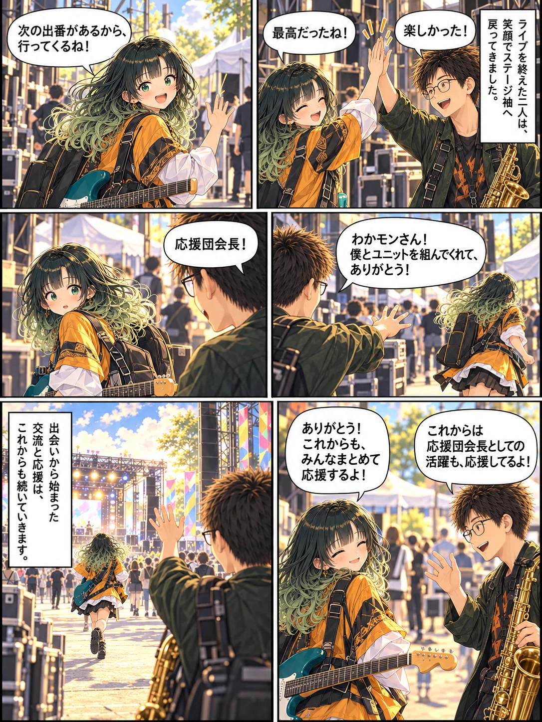 ライブ後、わかモンさんとミックス・モーフがハイタッチ。次の出番へ向かうわかモンさんを「応援団会長」と呼び、これからも応援し合うことを約束する漫画。