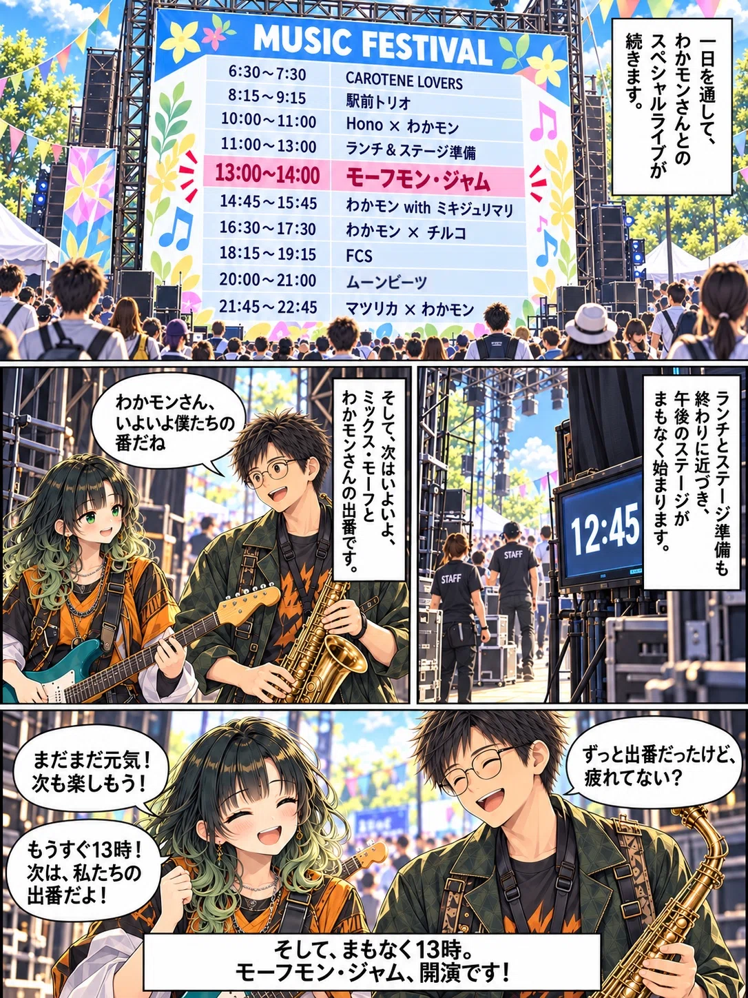 一日を通して7組が出演するスペシャルライブのタイムテーブルと、昼の部一番手「モーフモン・ジャム」の出番を前に、ギターのわかモンさんとサックスのミックス・モーフが会話する漫画。