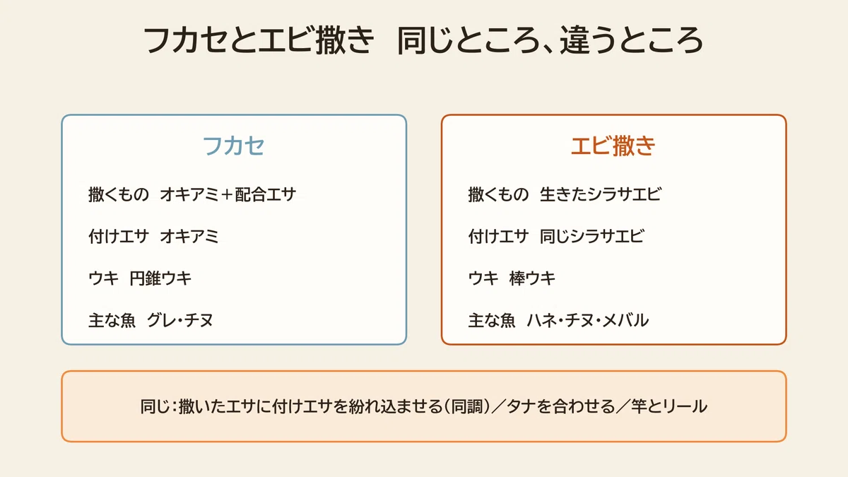 フカセ釣りとエビ撒き釣りの違いの比較図。撒くもの・付けエサ・ウキ・主な魚の違いと、同調させる・タナを合わせる・竿とリールが同じという共通点を並べる。
