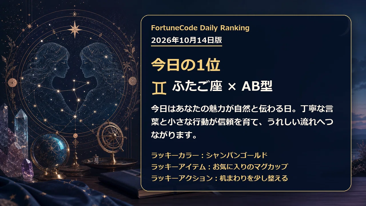 2026年10月14日版｜今日の星座×血液型ランキングTOP48｜FortuneCode Luna