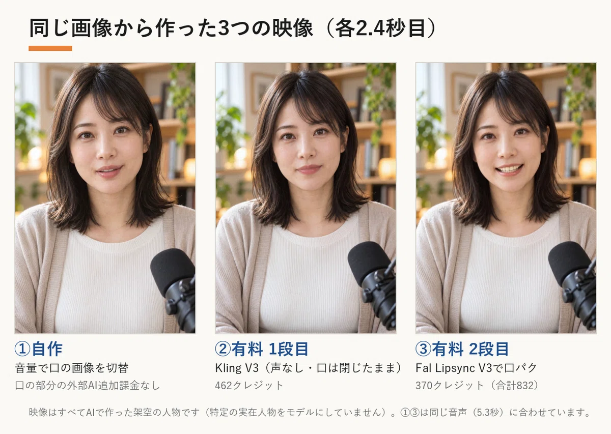 同じ画像から作った3つの映像（自作・有料1段目・有料2段目）を、それぞれ2.4秒目で並べた比較